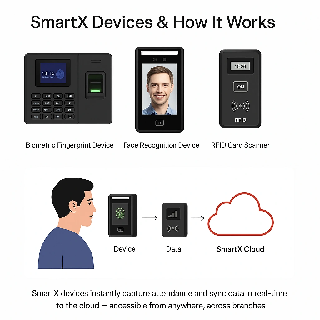 Diagram: biometric fingerprint device, face recognition device and RFID card scanner send data through the device to SmartX Cloud, accessible across branches