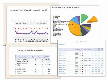 SmartX reports: entry and exit times for the current month, employee distribution chart, today's attendance status and an analysis of attendance