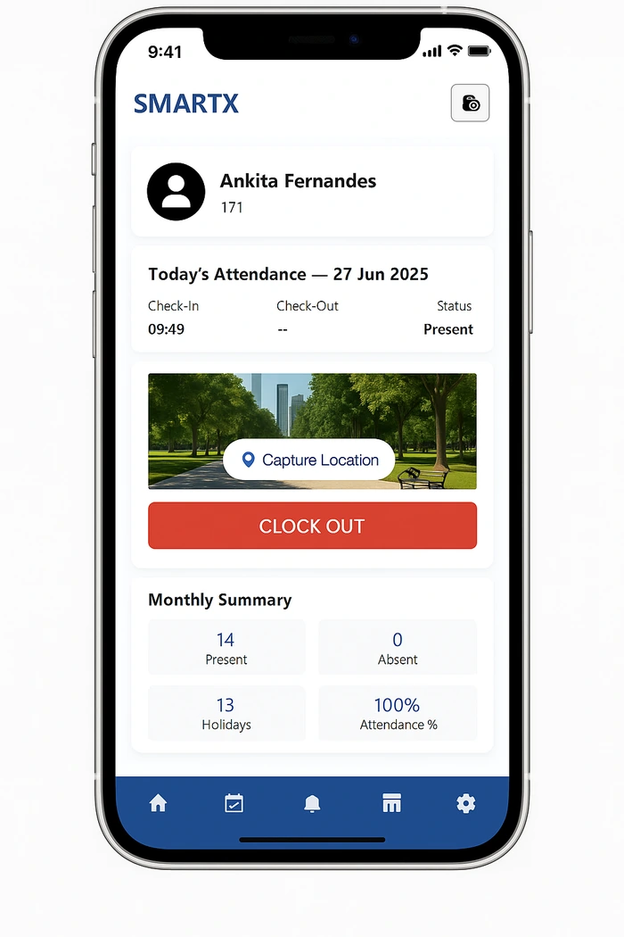 SmartX mobile app showing today's attendance, capture location and clock-out